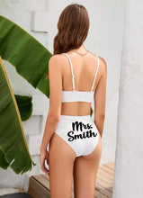 Load image into Gallery viewer, Bride Mrs. Honeymoon Bikini Two Piece Swim Suit, White High Waisted Adjustable Straps Bikini For Bride