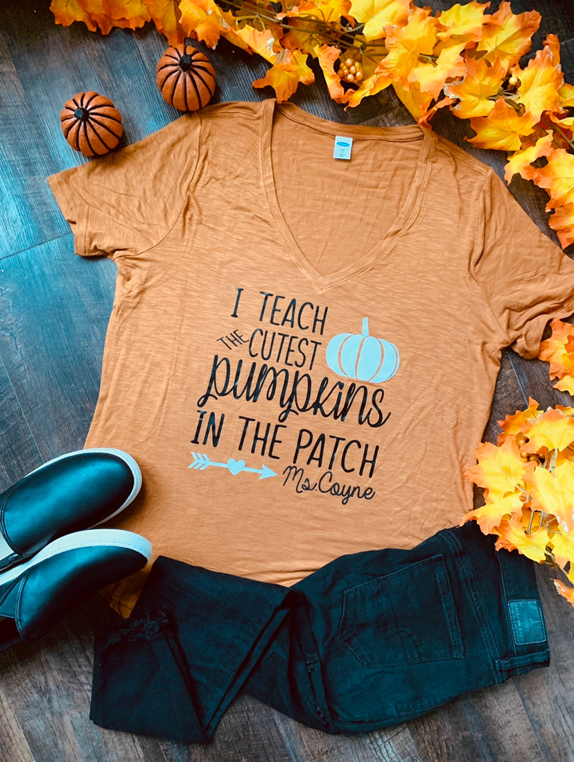 I Teach The Cutest Pumpkins In The Patch Personalized Teacher Shirt with Custom Last Name