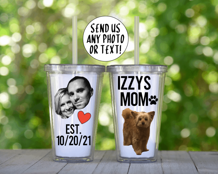 Custom Photo Tumbler with Lid & Straw, Clear Plastic Tumbler Personalized with Photo/Text of your Choice