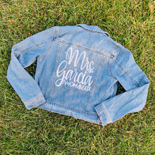 Load image into Gallery viewer, Customized Last Name and Date in Roman Numerals Jean Denim Jacket, Bride Future Mrs. Fiance Jacket
