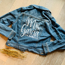 Load image into Gallery viewer, Customized Last Name and Date in Roman Numerals Jean Denim Jacket, Bride Future Mrs. Fiance Jacket
