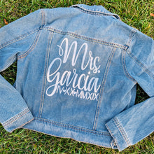 Load image into Gallery viewer, Customized Last Name and Date in Roman Numerals Jean Denim Jacket, Bride Future Mrs. Fiance Jacket
