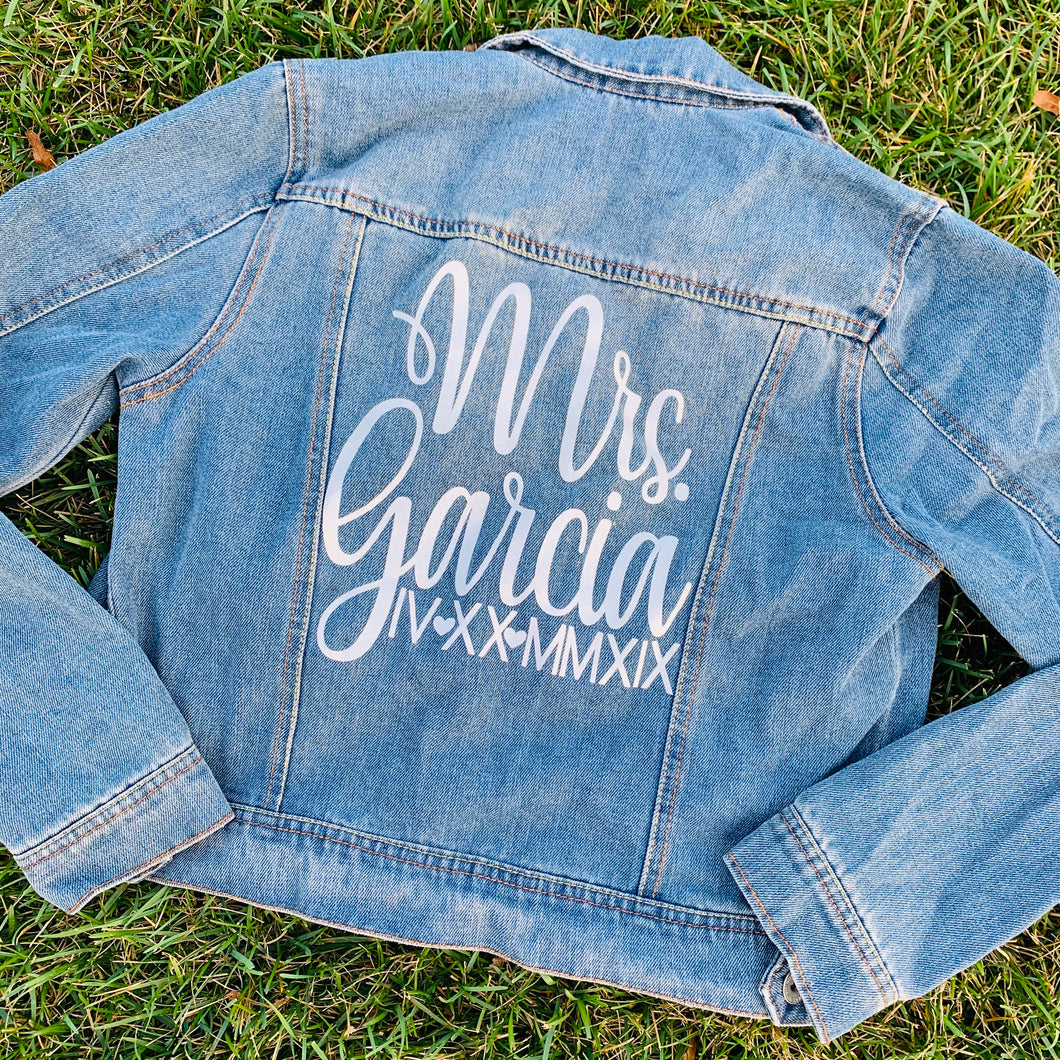 Customized Last Name and Date in Roman Numerals Jean Denim Jacket, Bride Future Mrs. Fiance Jacket