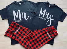 Load image into Gallery viewer, Matching Mr. and Mrs. Pajama Set, Black Tshirts and Red Plaid PJ Pants Set for Bride and Groom
