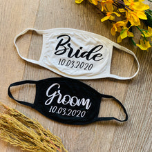 Load image into Gallery viewer, Bride and Groom Face Masks, Covid Wedding with Customized Date Facial Shields
