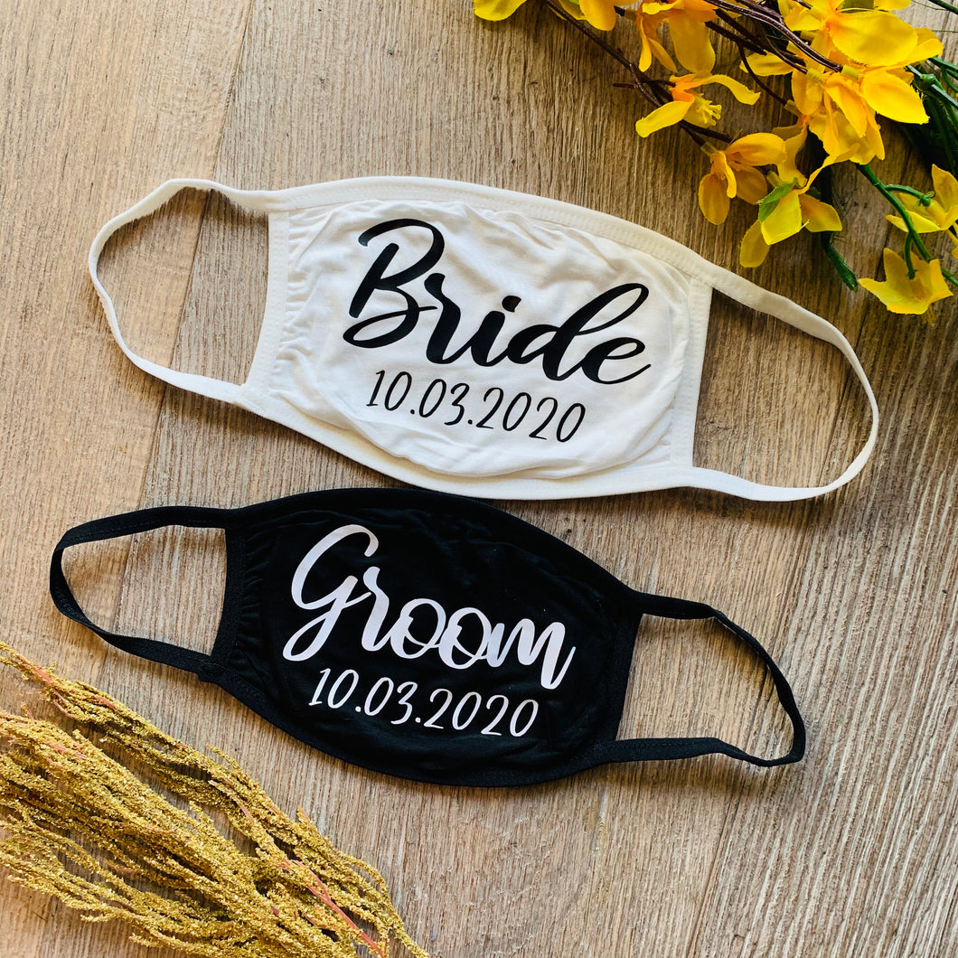 Bride and Groom Face Masks, Covid Wedding with Customized Date Facial Shields